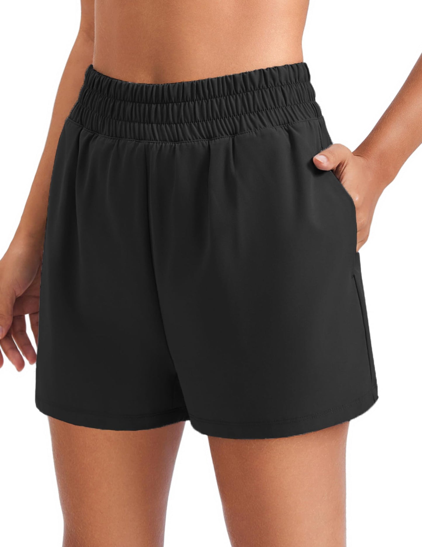 PINSPARK Women's Workout Shorts with 4 Pockets 2 in 1 Running Shorts High Waisted Athletic Shorts 3" Quick Dry Gym Training Shorts Black M