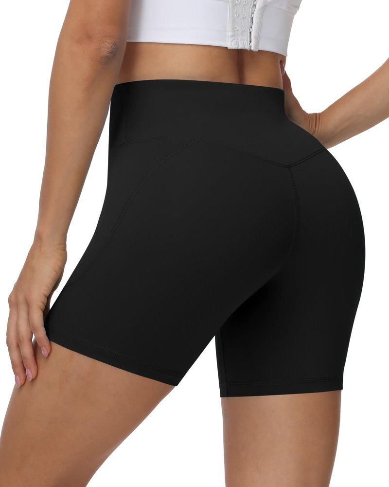 Moozava Womens 5" Athletic Biker Shorts with PocketHigh Waisted Tummy Control Non See Through Spandex Booty Shorts for Workout Yoga Gym Running Black M