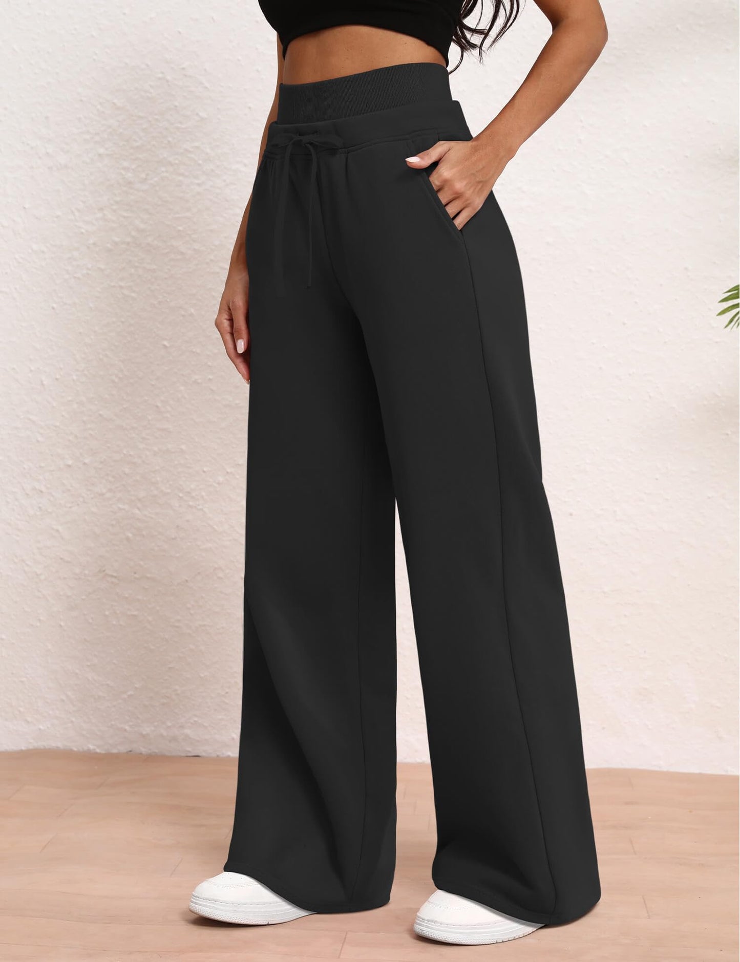 HeSaYep Women's Wide Leg Sweatpants High Waisted Baggy Sweat Pants Drawstring Straight Leg Casual Trousers with Pockets, Black M
