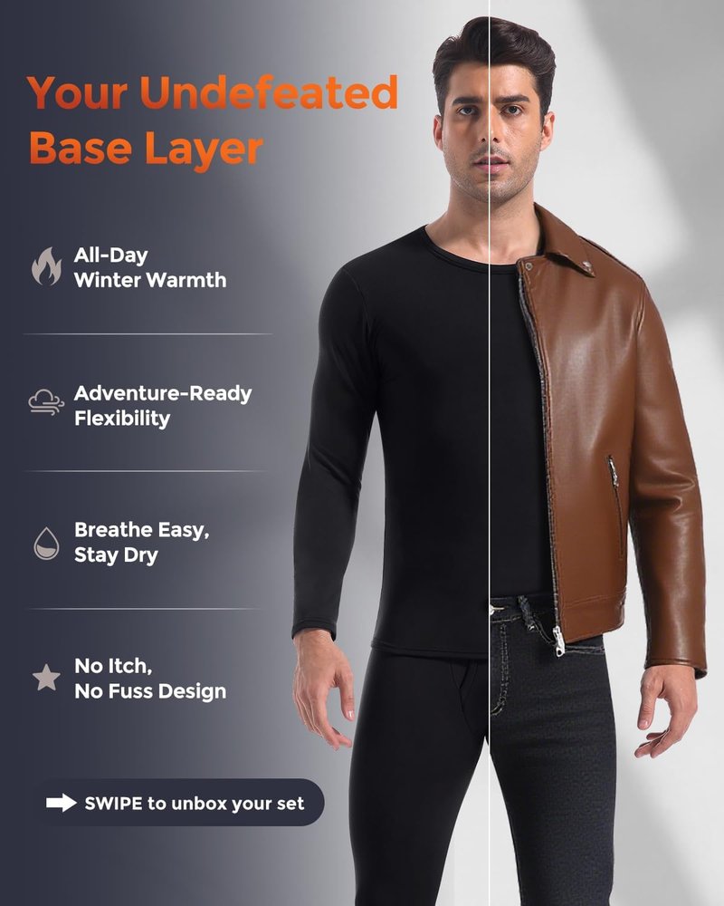 Long Johns Thermal Underwear for Men - Soft Fleece Lined Base Layer Gift Set | Cold Weather Comfort
