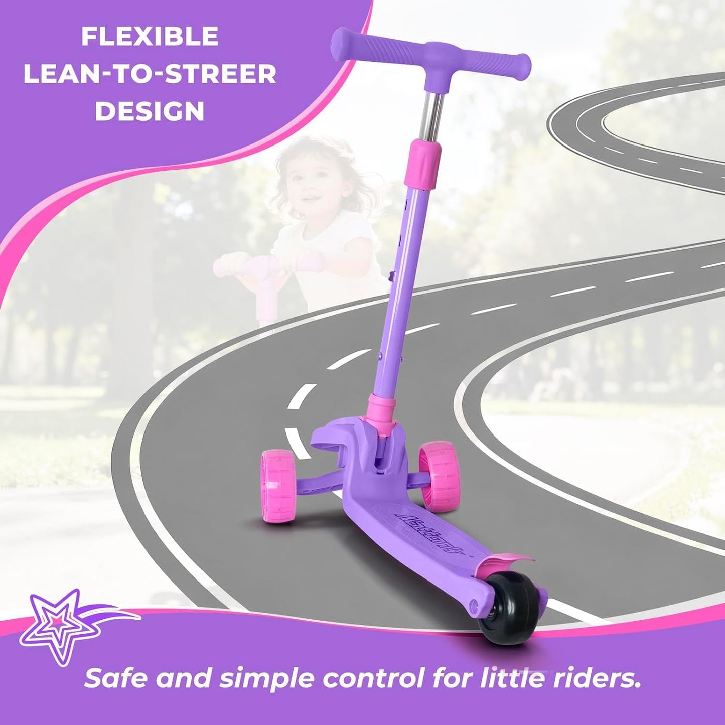Kids Scooter for Girls & Boys - Light Up Wheels, Adjustable Height, Lean-to-Steer | Ages 3-8, Supports Up to 110 LBS