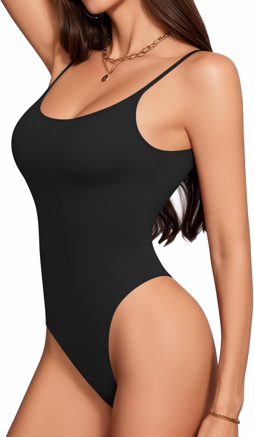 MANGOPOP Women's Cami Thong Bodysuit - Double Lined Square Neck, Backless | Adjustable Spaghetti Straps