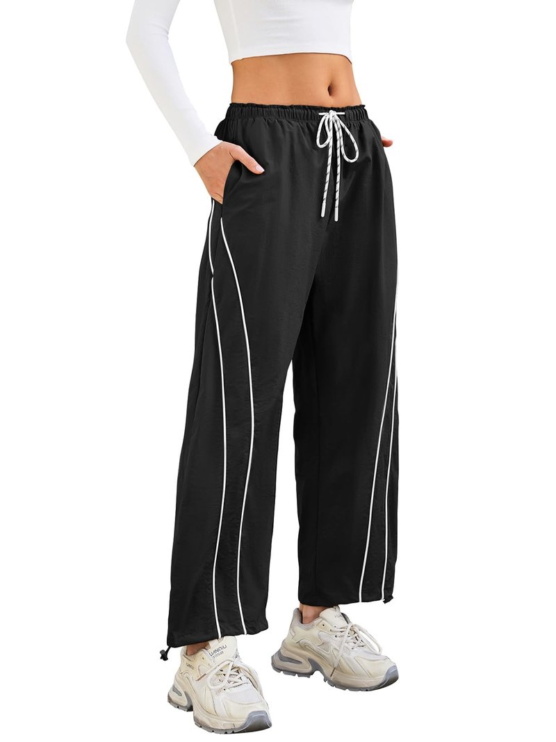 aswulk Womens Wide Leg Track Pants Drawstring High Rise Striped Elastic Waist Baggy Pants Black L