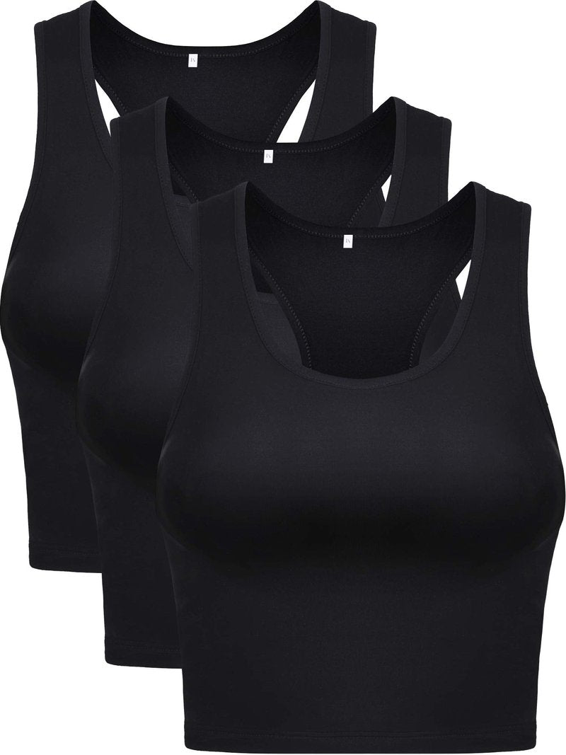 3 Pieces Crop Tops for Women, Workout Tops Basic Cropped Tank Tops Sleeveless Racerback Sports Gym Crop Tank for Teen Girls (,) Black