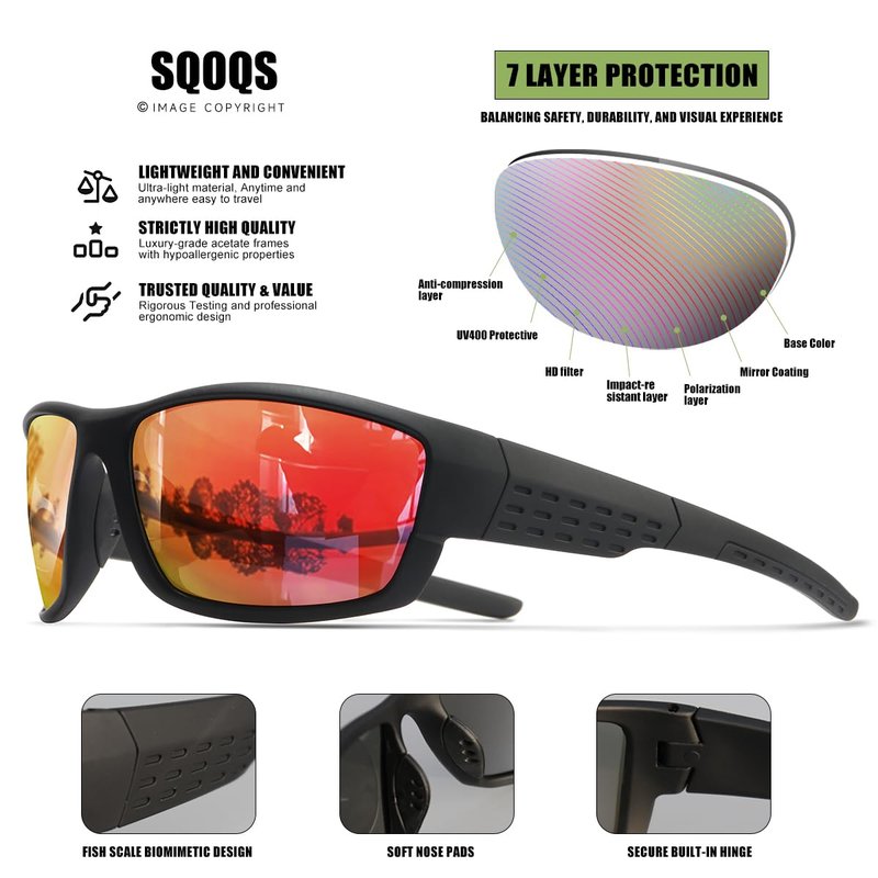 SQOQS Polarized Sports Sunglasses Men UV400 Protection Lightweight Wrap Around Goggles for Cycling Fishing Driving Running