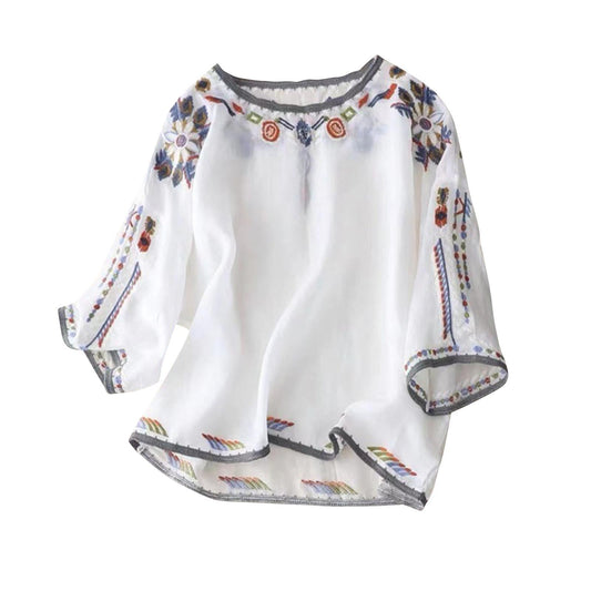 Women's Cotton Linen Summer Button 3/4 Sleeve Shirts Summer Crew Neck Casual Boho Top Vintage Embroidery Blouse Tops