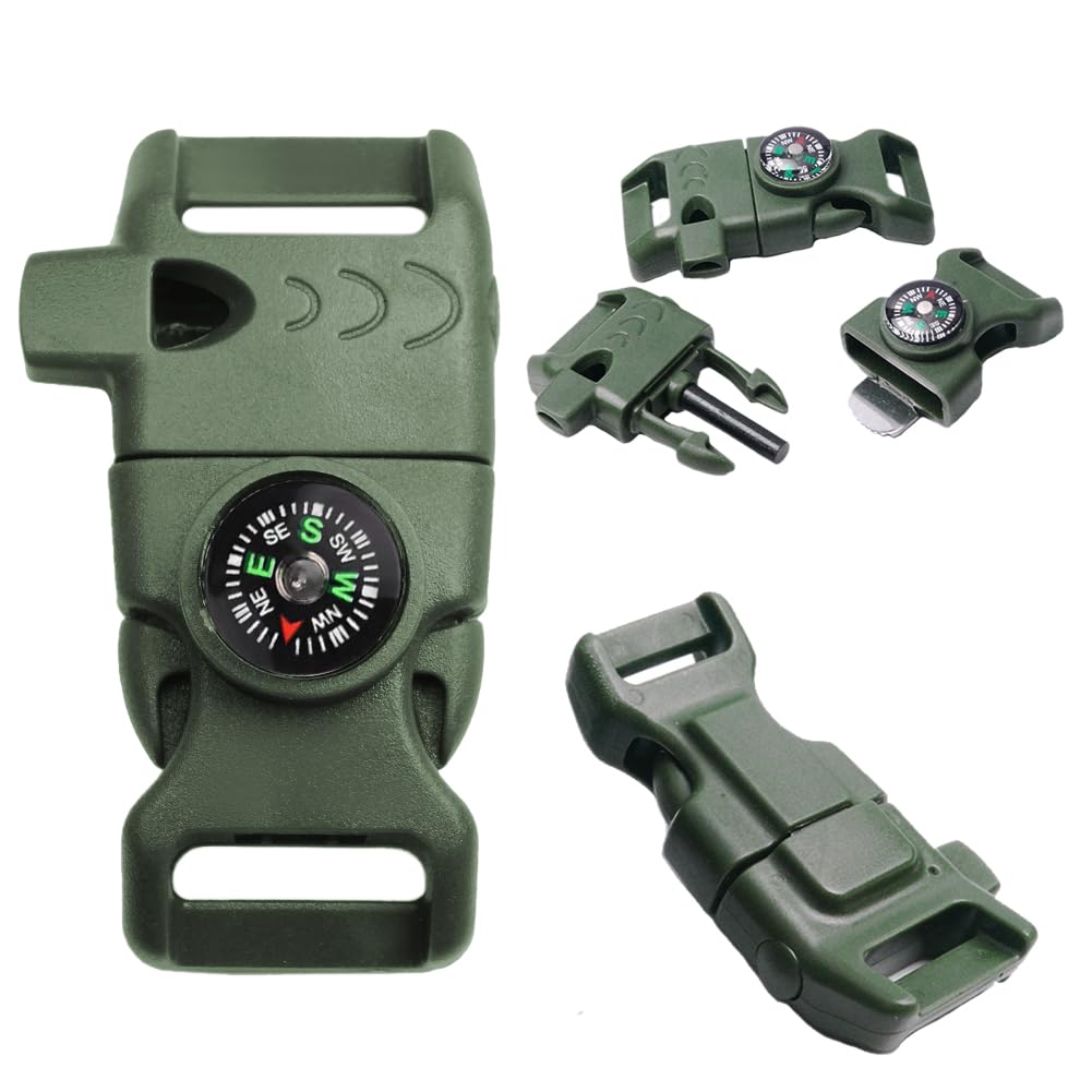 CooBigo 10Pack 5/8" Compass Whistle Buckle Plastic Paracord Bracelet Outdoor Camping Emergency Survival Travel Kits (MilitaryGreen)