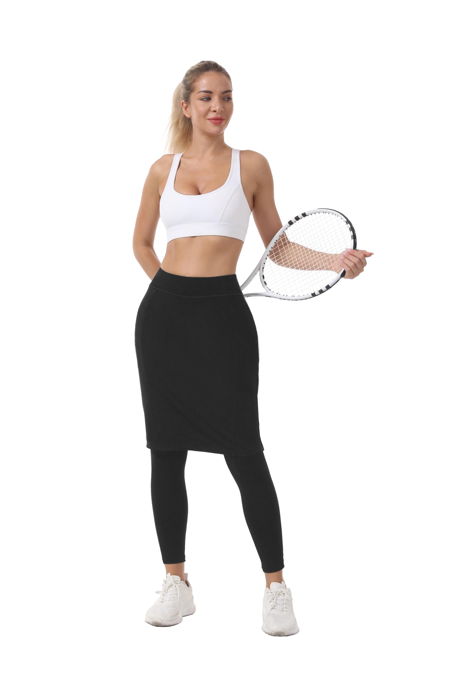 HOKOYI Women 23" Athletic Knee Length Skirt with Full Leggings Attached Pockets Workout Modest Skirted Capris bk m Black