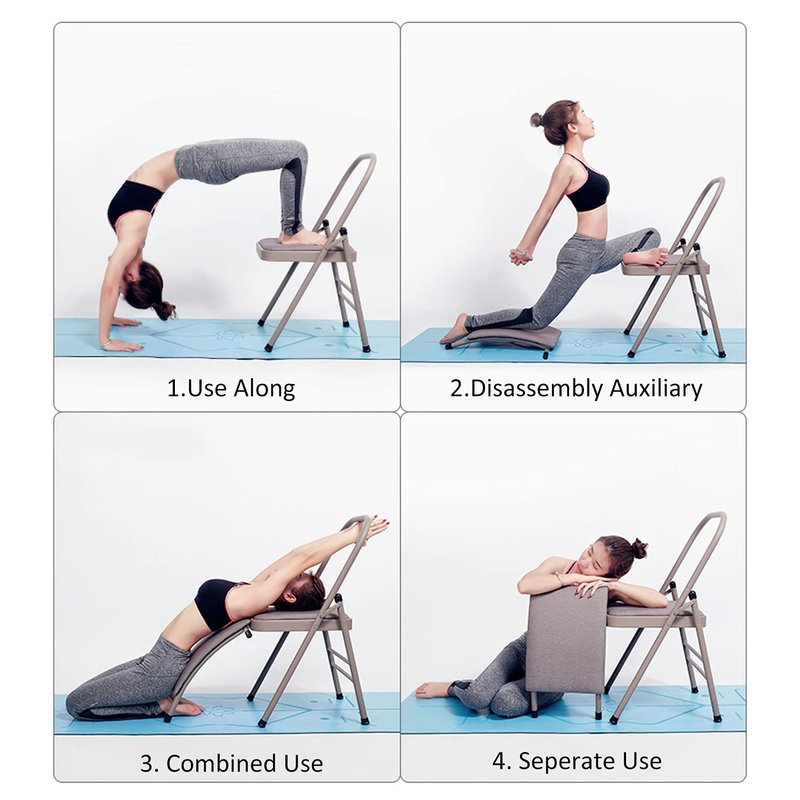 INNOLIFE Yoga Auxiliary Chair with Lumbar Back Support for Iyengar Foldable Balance Training with Purple Yoga Resistance Band(Gray)