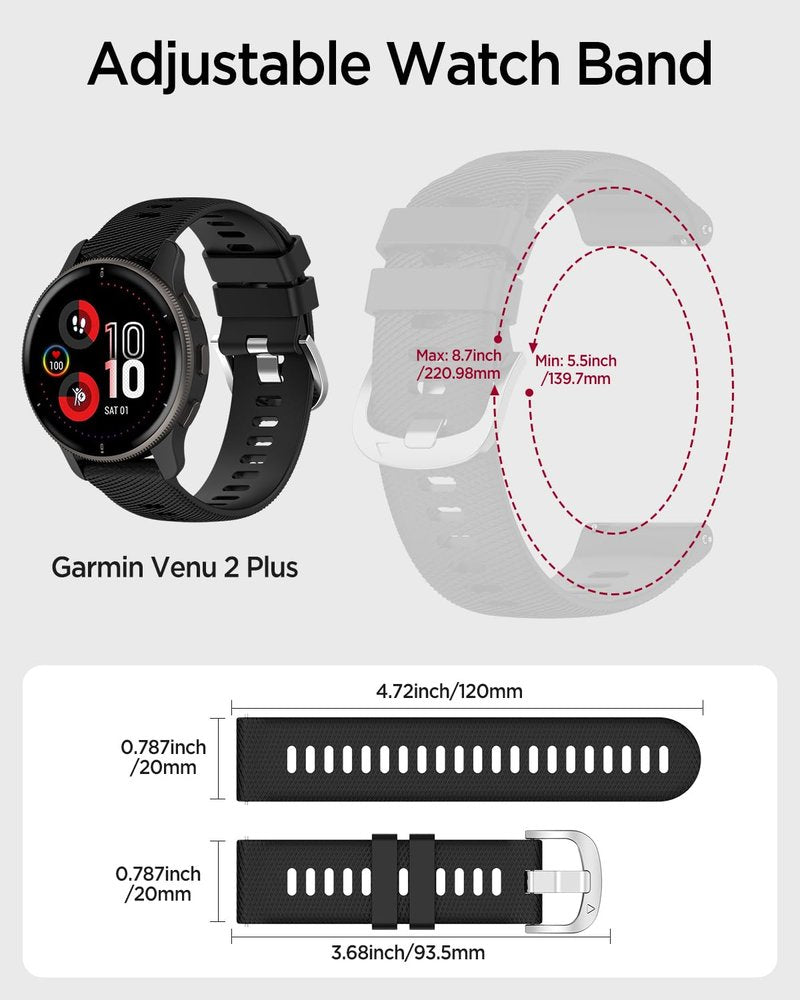 Miimall [3 Pack] Silicone Band for Garmin Vivoactive 6/5/3 Music/570 42mm, Forerunner 55/165, Venu/Venu Sq/2 Plus, 20mm Thin Rugged Strap for Vivomove Sport/Trend, Forerunner 645(White+Grey+Black)