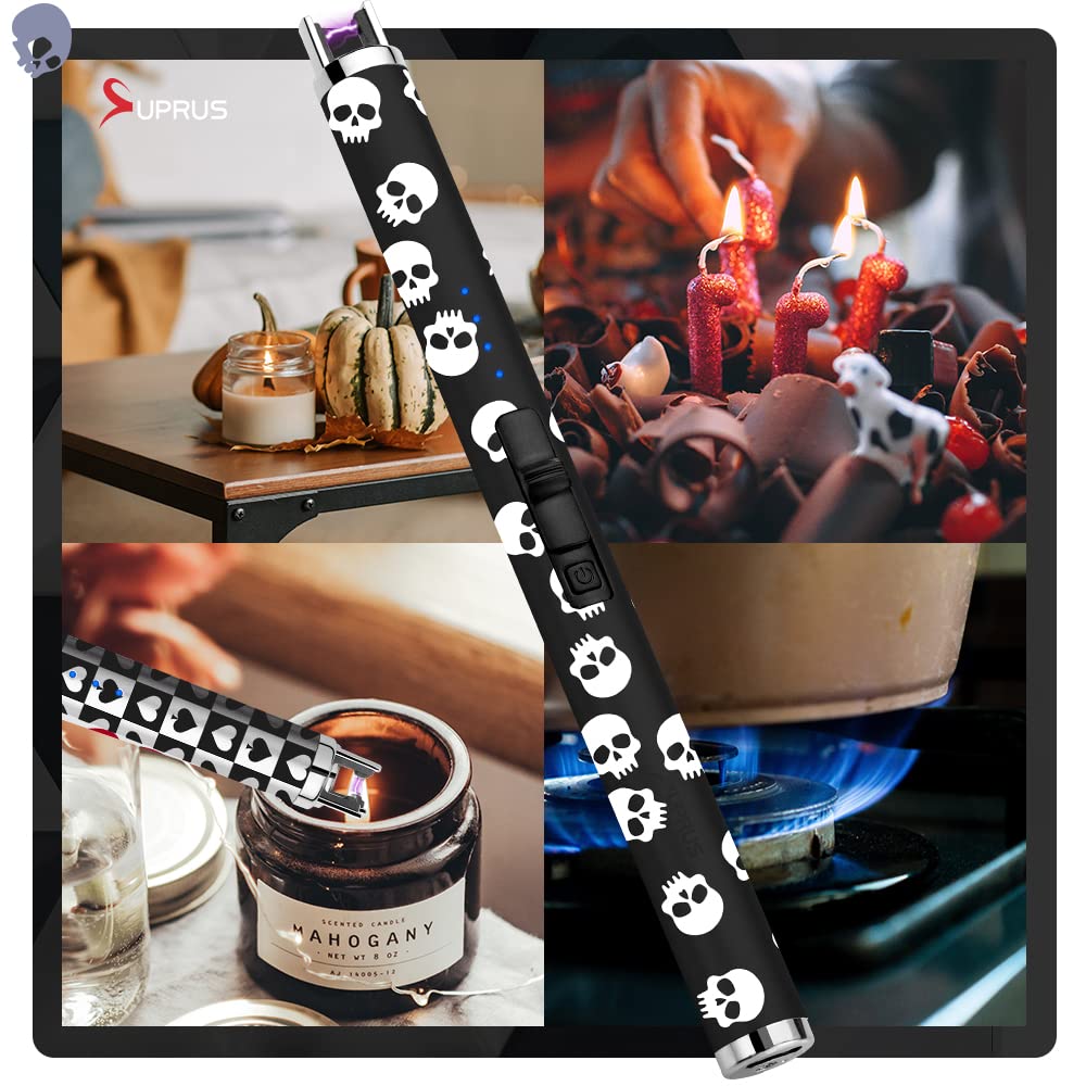 SUPRUS Electric Candle Lighter USB Type C Rechargeable Lighter with Upgraded LED Battery Display Safety Switch Flameless Plasma Windproof for Candle Cooking BBQs Fireworks (Skull)
