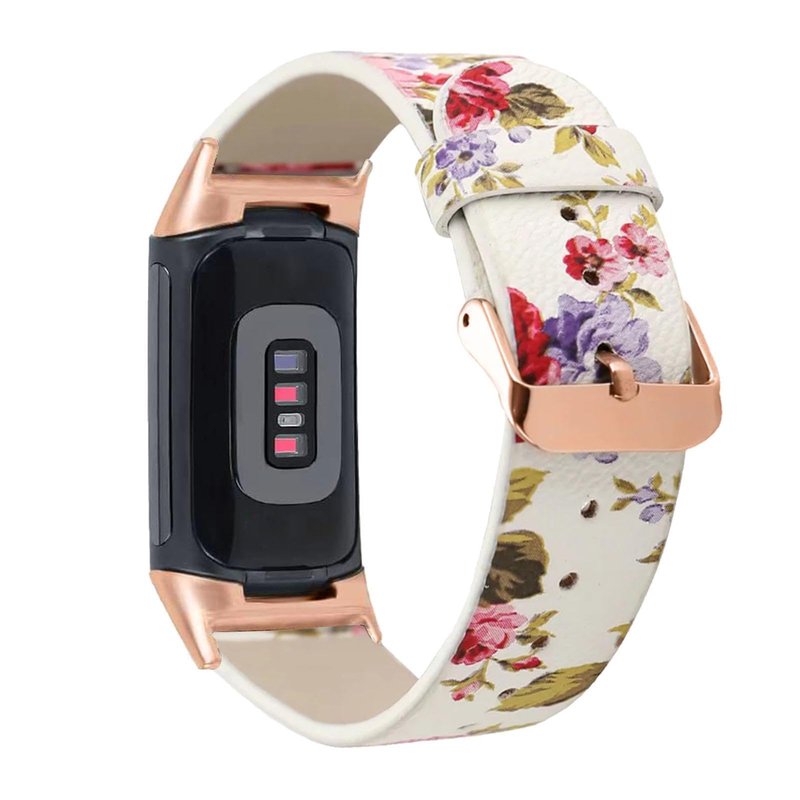 Abanen Leather Bands for Fitbit Charge 5, Floral Print Soft Leather Women Wristband Strap with Stainless Steel Quick Release Compatible with Fitbit Charge 5 (White)