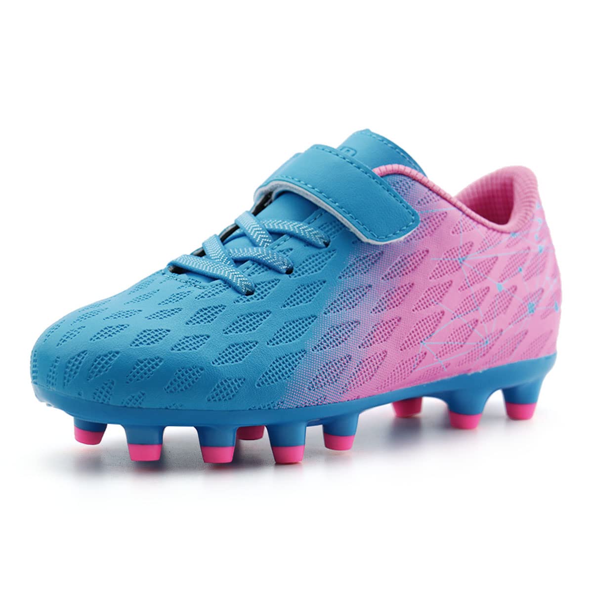 brooman Kids Firm Ground Soccer Cleats Boys Girls Athletic Outdoor Football Shoes(3.5,Blue Pink)