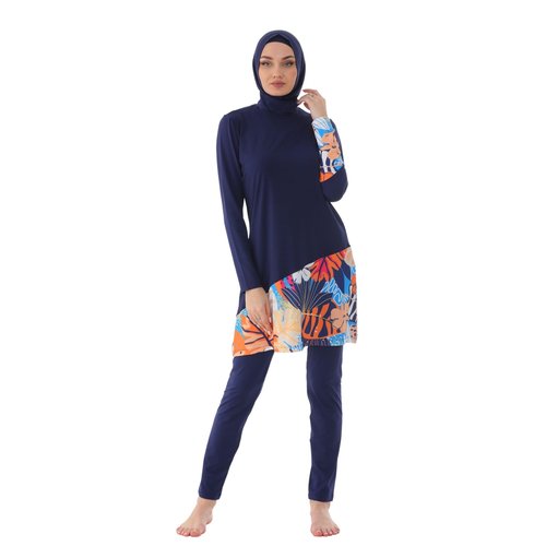 eo elif okur Islamic Long Sleeve Swimsuits for Women Modest Muslim 5 PCS | Full Cover Rash Guard Burkini | Arabic Swimwear (Navy Blue-Tropical/L)