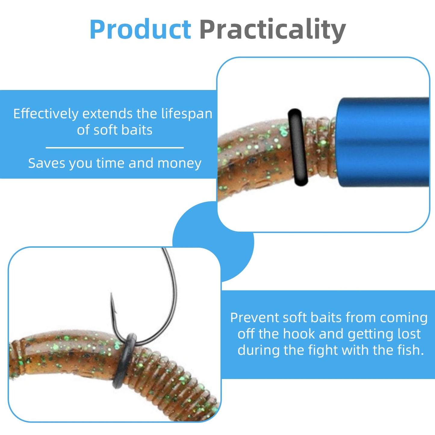 Wacky Rig Tool Kit – Aluminum Wacky Worm Tool + 10 O-Rings, for 4"-7" Fishing Worm Lures， Quick-Rig Wacky Rig O-Ring System for Bass Fishing Soft Plastics
