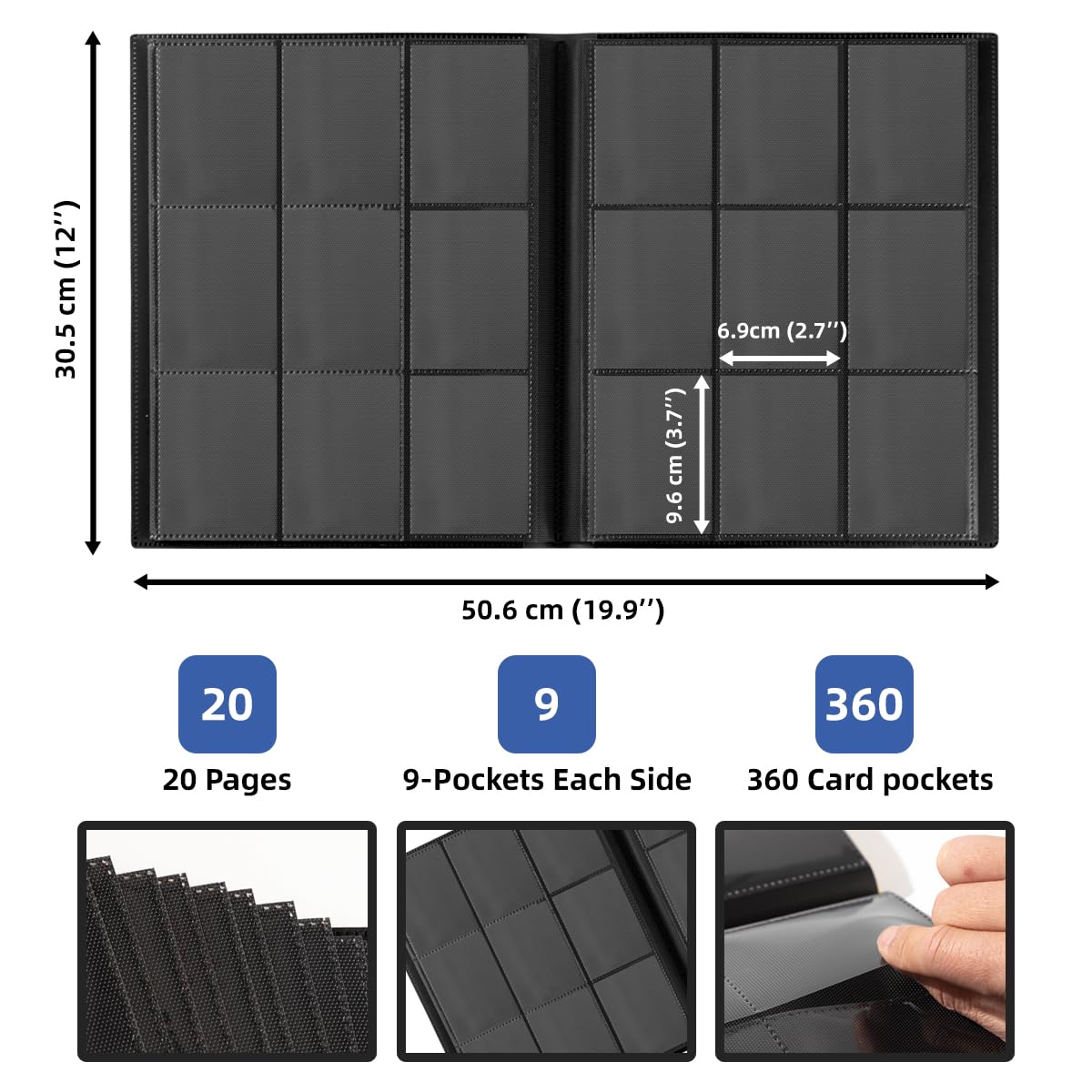 efunkdog Card Binder, 9 Pocket Trading Card Album Folder, 360 Side Loading Pocket Binder for TCG, Sport Cards (Black)