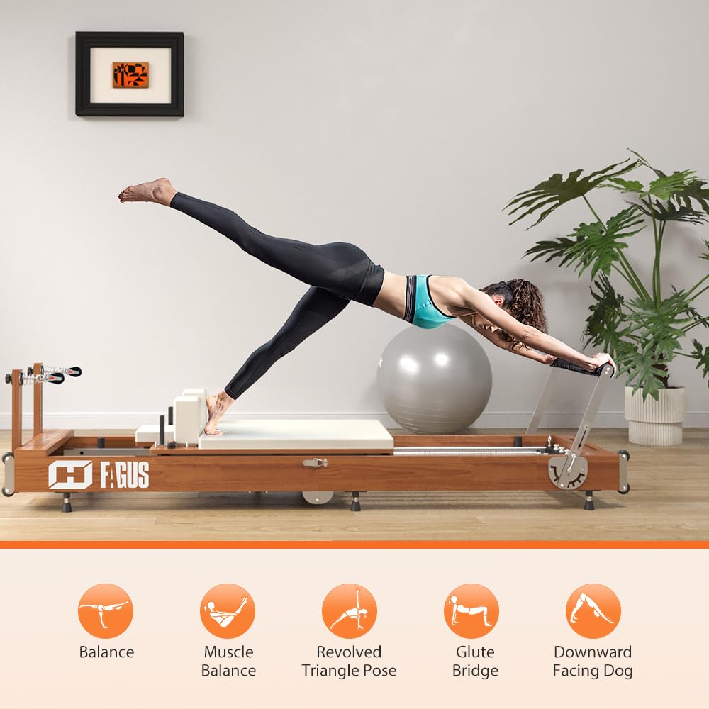 FAGUS H Foldable Pilates Reformer, Wooden Pilates Reformer Workout Machine for Studio Home Gym Yoga Strength Training with Reformer Accessories, Reformer Box, Padded Jump Board, Light Walnut/White Pad