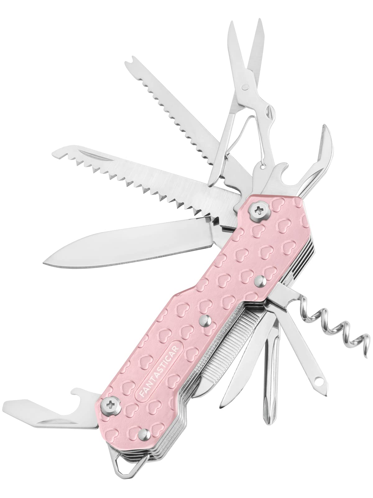 FantastiCAR 15 in 1 Multi-tool with Cute Hearts, EDC Folding Pocket Knife with Premium Gift Box for Camping, Fishing, Hunting, Survival, Outdoor (Pink Hearts)