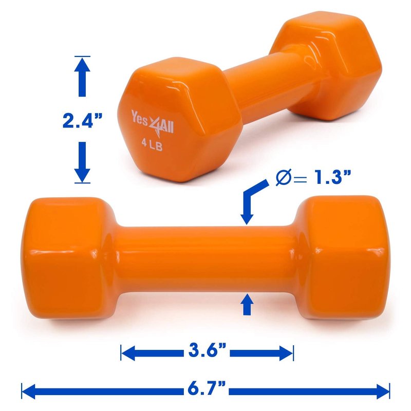 Yes4All Deluxe Vinyl Coated Cast Iron Dumbbell Weights - PVC Dumbbell Sets for a Total Body Workout (Sets of 2, Organe, 4lbs)