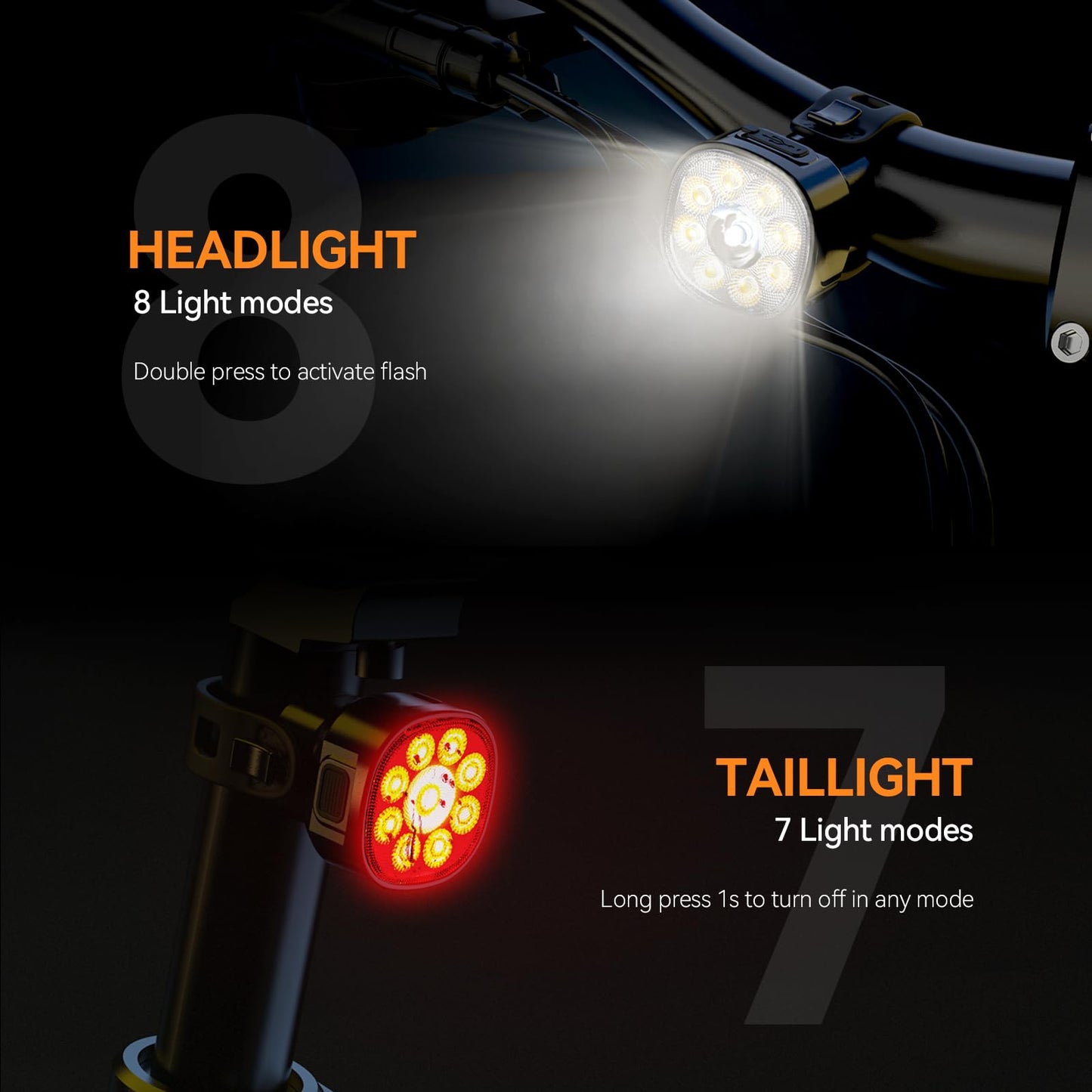 Bike Lights Kit 9LED Bike Headlights High & Low Beams, Ultra-Light and Bright Bicycle Lights, Waterproof Bike Lights for Night Riding, USB-C Bicycle Front and Rear Lights (VTG9)
