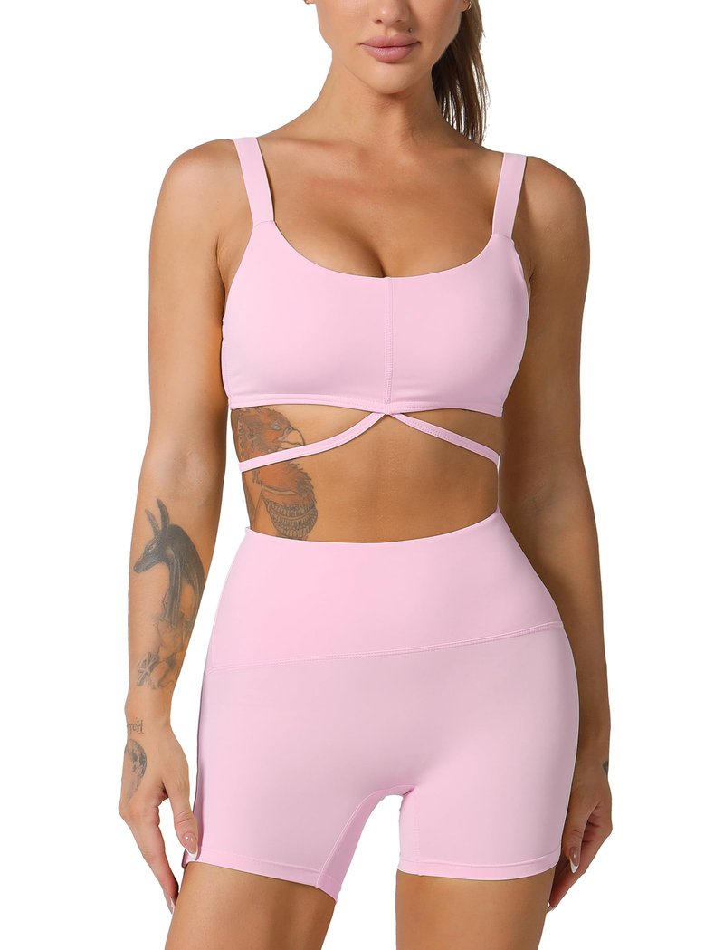 ABOCIW Workout Sets for Women Strappy Sports Bra High Waist Workout Shorts 2 Piece Gym Set Fitness Yoga Outfits Y-Light Pink Medium