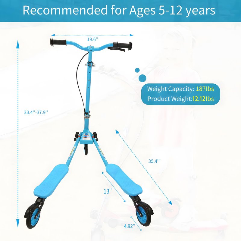 AODI Kids Swing Scooter, 3 Wheels Drifting Scooter/Wiggle Scooters with Adjustable Height & Foldable for Boys/Girl/Ages 5-12 Years