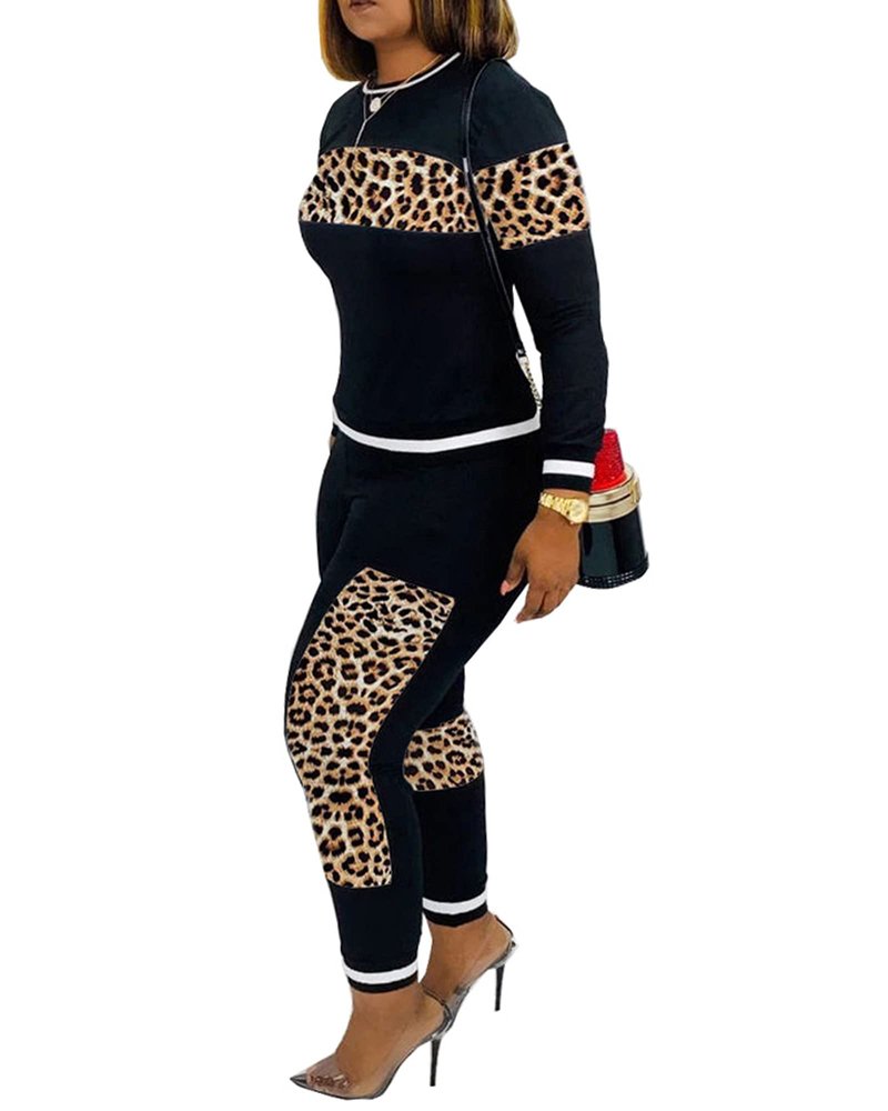 Alunzoem Womens Casual 2 Piece Outfits, Leopard Print Long Sleeve Top Pants Set Tracksuits Black XXL