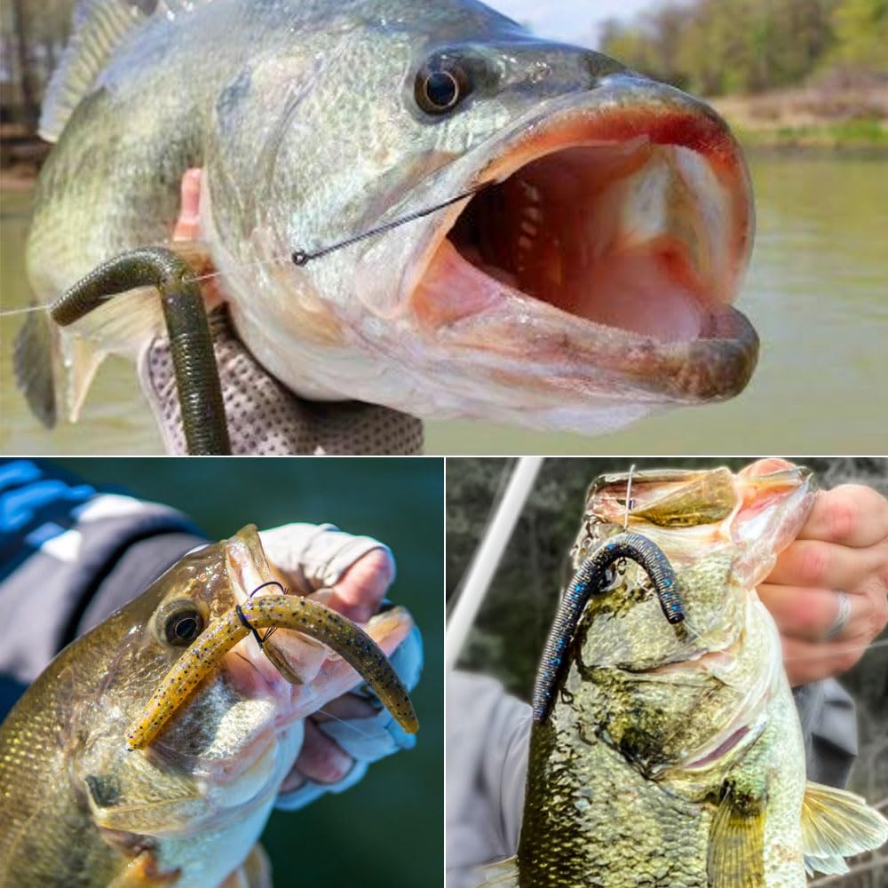 Wacky Worms Soft Plastic for Bass Fishing Lures–100 Pack 4" & 5" Stick Baits Wacky, Texas, Neko & Drop Shot Rigs–Bulk Soft Lure (2-Green Pumpkin w/Black Flake, 4")