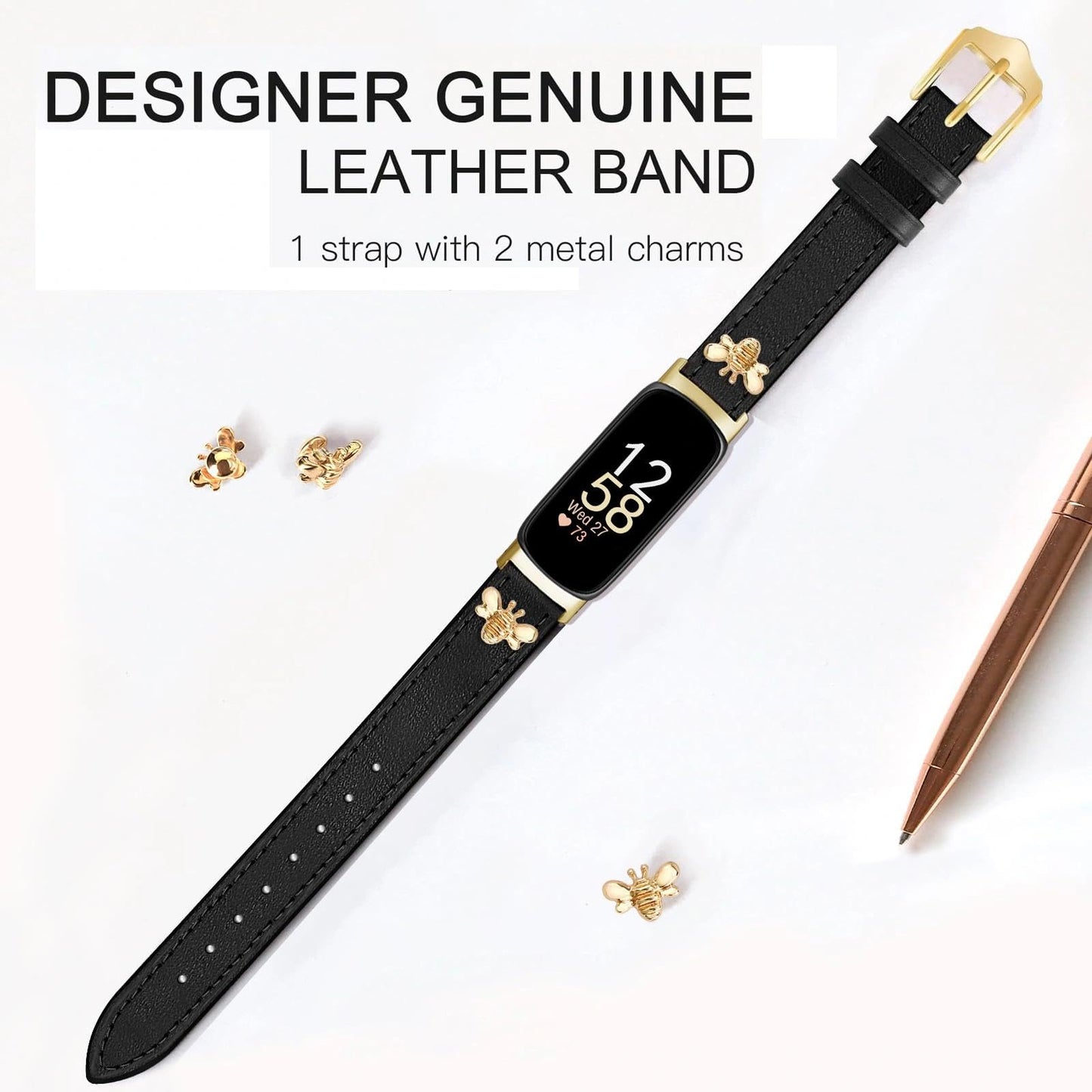 EVPLNT Slim Leather Bands Compatible with fitbit inspire 3 bands, Charms, Feminine Design for fitbit inspire 3 (Black/Gold)