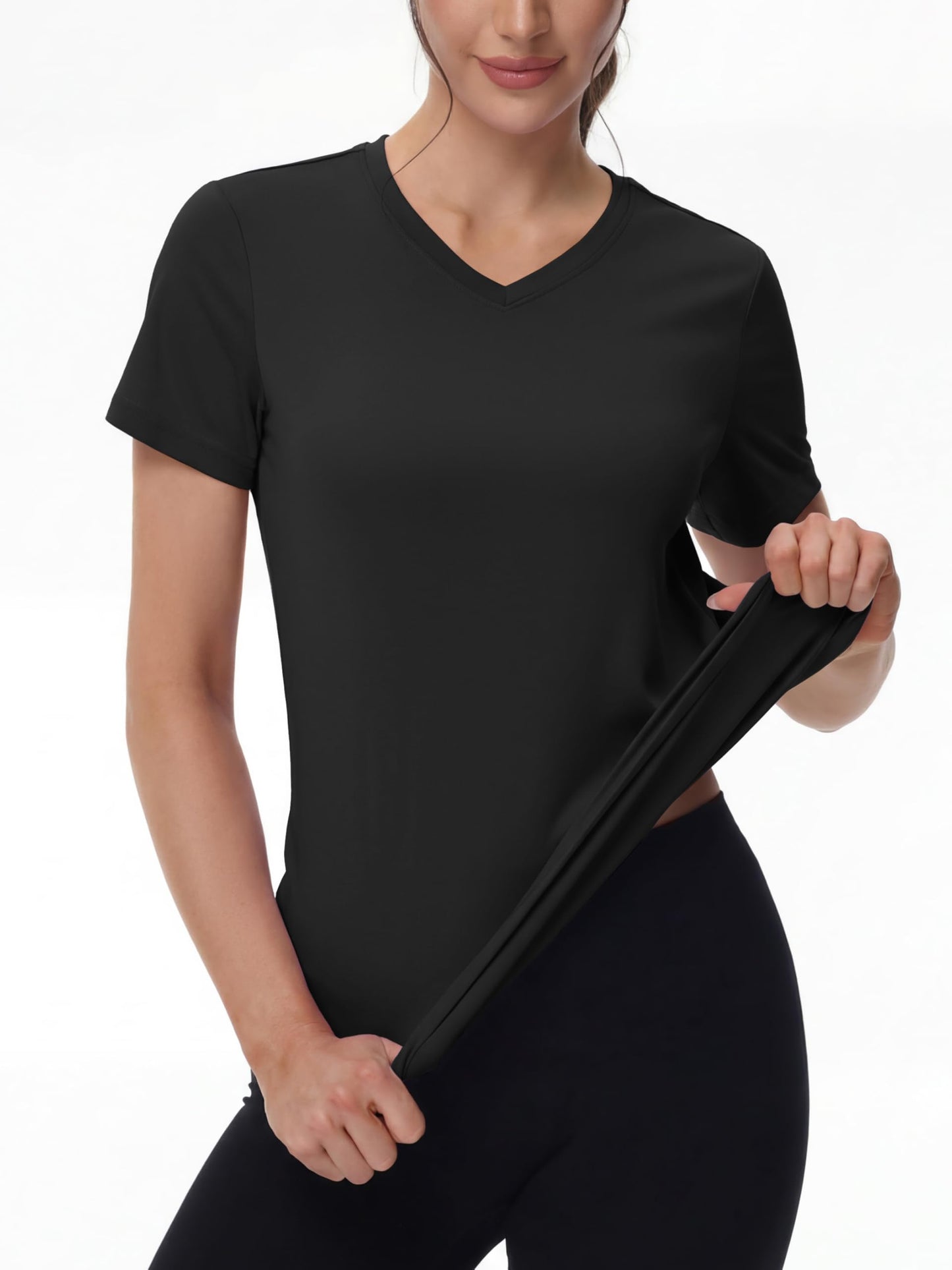 MAGCOMSEN Shirts for Women V Neck Workout Tops Running Dry Fit Sun Protection Shirt UPF 50 Cooling Exercise Top Black L