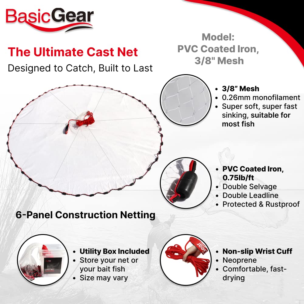 BasicGear Cast Net for Bait Trap Fish, Protected Weights, 4ft Radius with 3/8 inch Mesh for Freshwater and Saltwater, Professional Grade and Upgraded Material, Throw Style