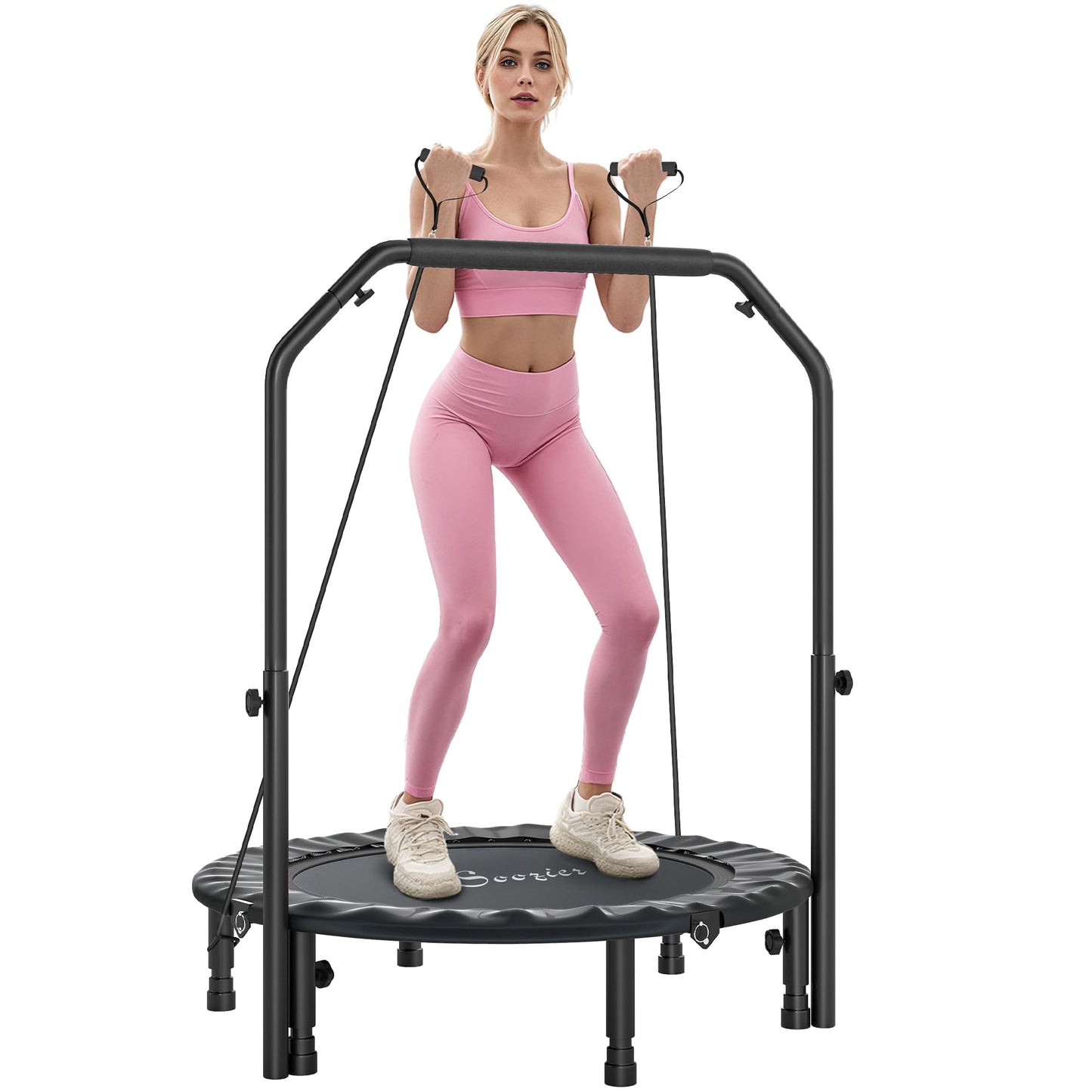 Soozier 40" Foldable Mini Trampoline, Rebounder Trampoline for Adults with Adjustable Foam Handle and Resistance Bands, Fitness Rebounder for Indoor Outdoor Workout, Max Load 330 lbs, Black