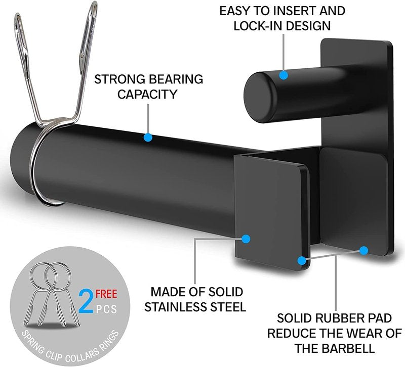 Balelinko Extended 9" Olympic Weight Plate Holder, Weight Plate Storage, Attachment for for 2"x2" Tube Power Cage with 1" Hole, 1 Pair, Bonus a Pair of 2" Spring Clip Collars Rings