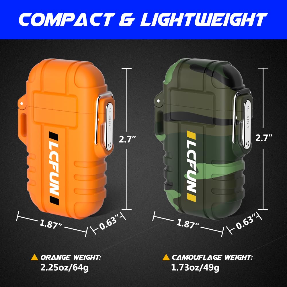 LcFun Waterproof Lighter 2 Pack, Refillable Butane Torch Lighters, Electric Lighter USB C Rechargeable, Windproof Dual Arc Plasma Lighters for Camping, Hiking, Survival Gear (Butane NOT Included)