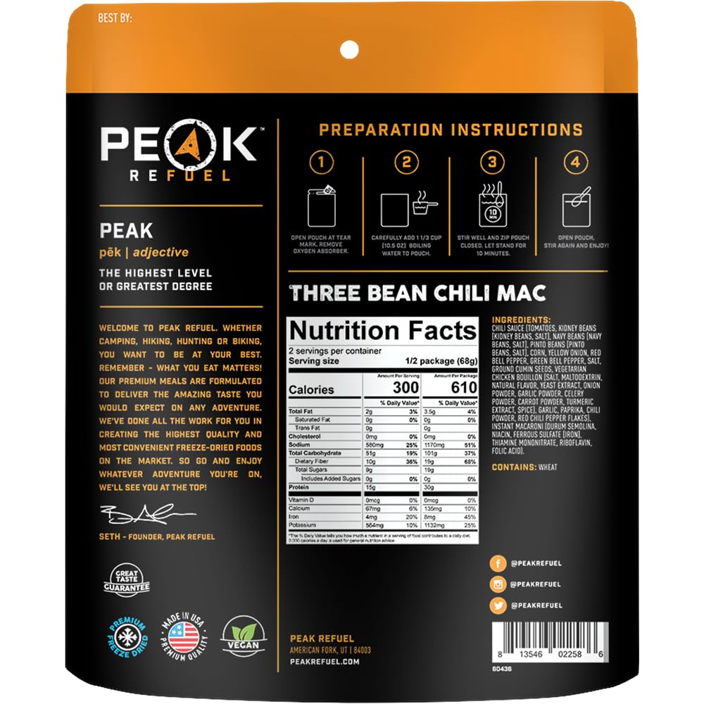 Peak Refuel Three Bean Chili Mac| Premium Freeze Dried Camping Food | Backpacking & Hiking MRE Meals | Just Add Water | 100% Real Ingredients | 30g of Protein | 2 Serving Pouch