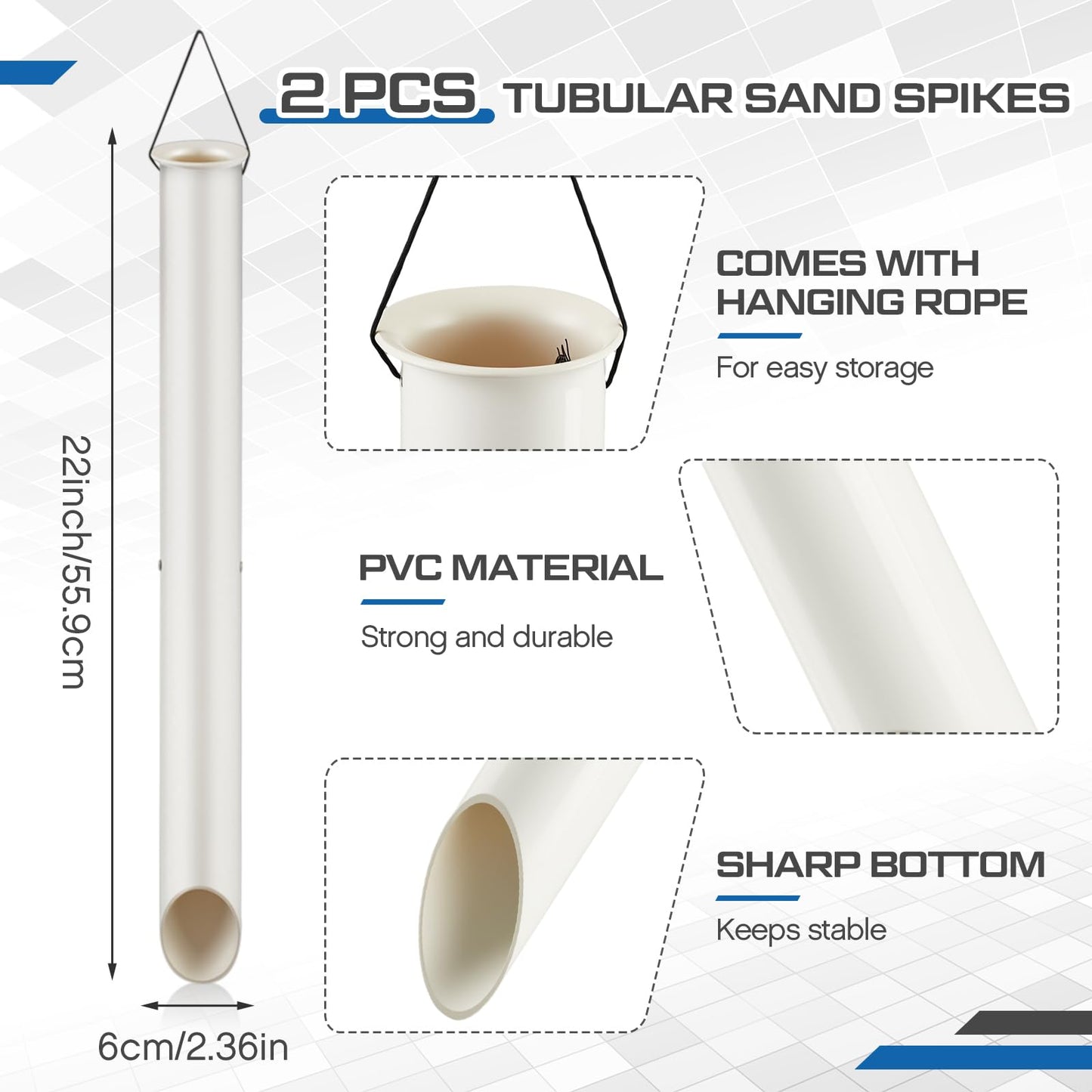 DoubleFill 2 Pack Tubular Sand Spikes for Surf Fishing 22 Inch PVC Surf Shore and Beach Fishing Rod Holder Sand Spike for Beaches, Rivers and Sandy Beaches