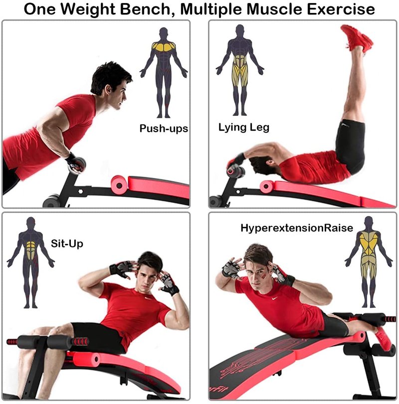 Zimbala Sit Up Bench - Adjustable Utility Slant Board with Reserve Crunch Handle, Abdominal Training Workout Bench for Home Gym (Red)