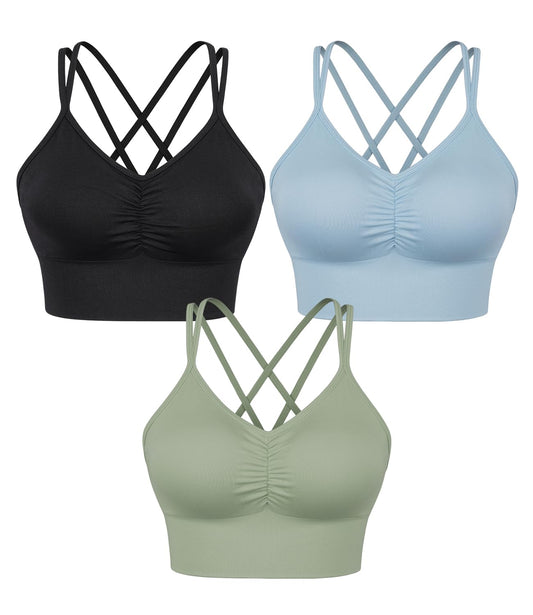 VEQKING 3 Pack Women Sports Bras-Scrunched Front Thin Straps High Stretchy Seamless Bra for Yoga Running Fitness Exercise