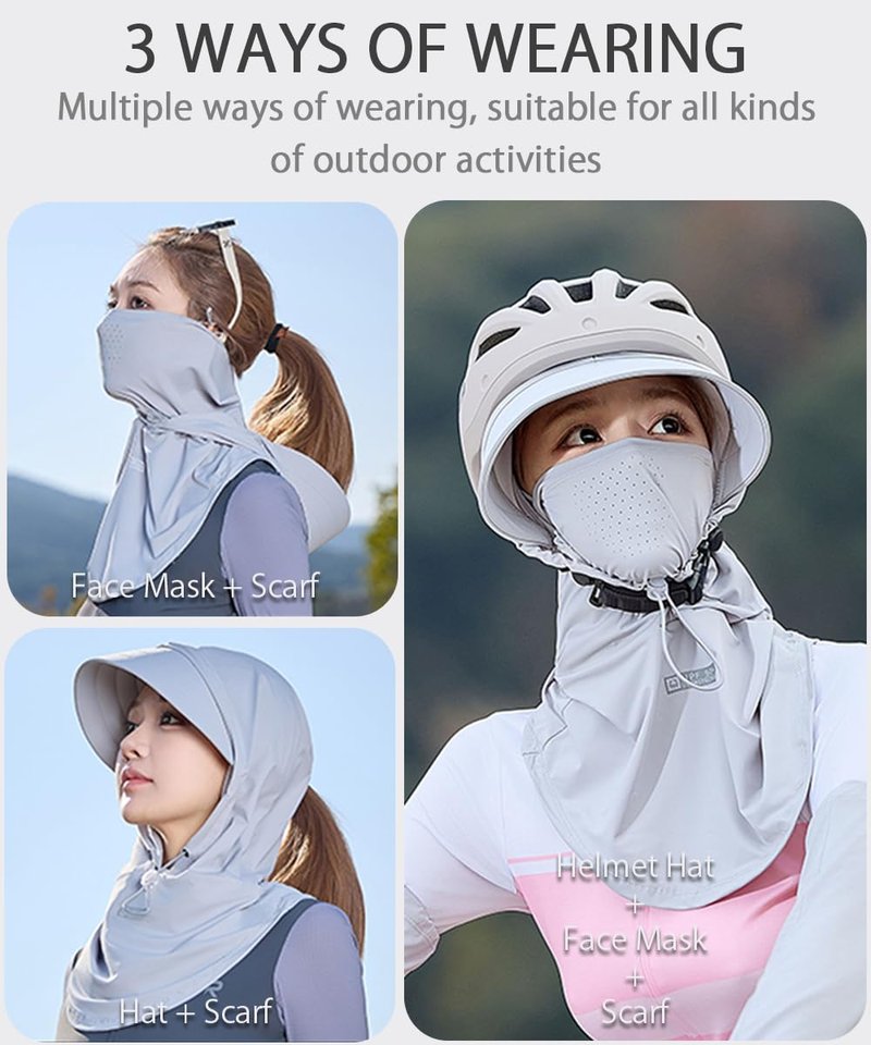 Women Cycling Sun Hat with Helmet Compatibility, Full Face Cover, Neck Gaiter & UPF50+ UV Shield for Outdoor Activities (Black)