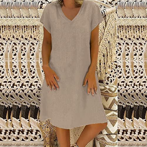 Generic Lightening Deals Women's Cotton Linen Knee Length Dress V Neck Short Sleeve Causal Loose Tshirt Dresses Summer Loose Shift Tunic Dress Robe Ceremonie Femme Khaki, 3X-Large