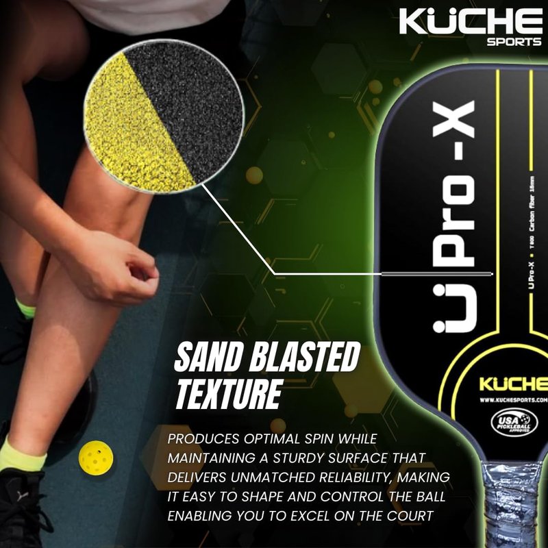 Kuche U PRO-X | T-800 Carbon Fiber Pickleball Paddle - Aramid Honeycomb Core -16MM Thick Sandblasted Surface for Spin & Control - USAPA Approved Pickle Ball Equipment for Men & Women