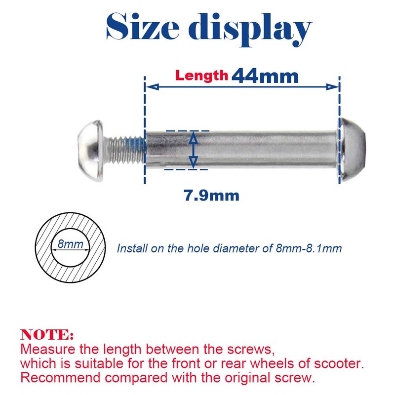 M8 8mm x 28mm-86mm 8.8 Grade Carbon Steel Axle Allen Screw Bolt Set for Front Rear 2 3 4 Wheel Stunt Scooter Dash Teen/Adult Kick Scooter-800+lb Capacity (44mm)