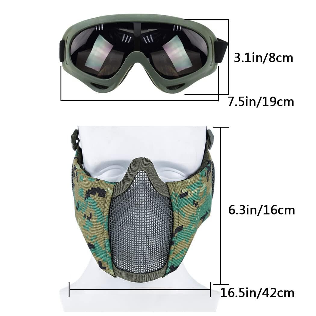 Yzpacc Airsoft Mask with Goggles, Foldable Half Face Airsoft Mesh Mask with Ear Protection for Paintball Shooting CS Game