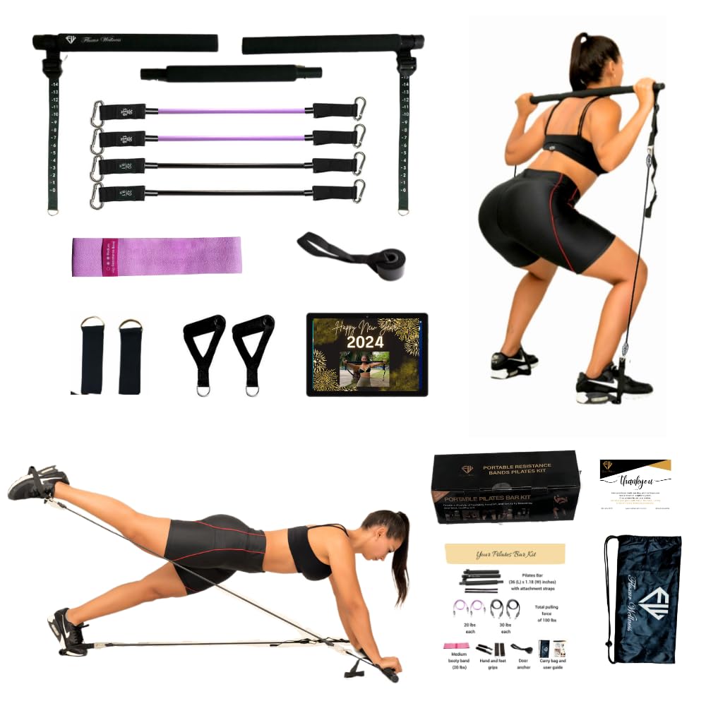 Fluxur Wellness Pilates Bar Kit with 4 Resistance Bands for Women. Booty Band Squat Exercise Equipment. Adjustable Portable Full Body Workout Resistance Bands Bar.