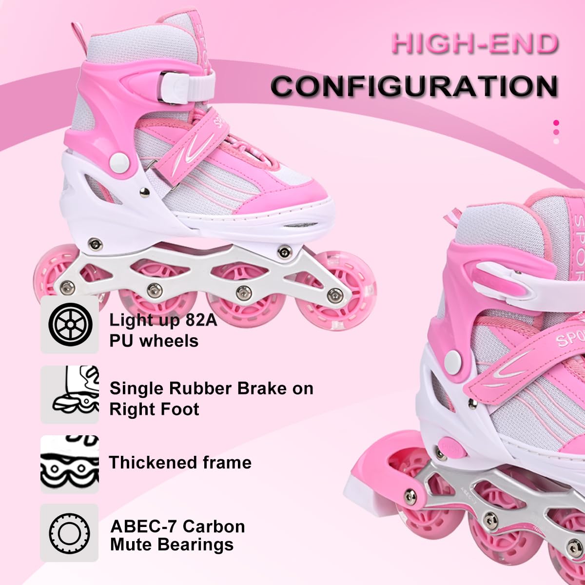 Kids Inline Skates for Girls Boys with All Wheels Illuminating, Adjuatable Mens and Womens Roller Skates Blades for Beginner in Outdoor and Indoor (Pink&White, Medium - Big Kids)