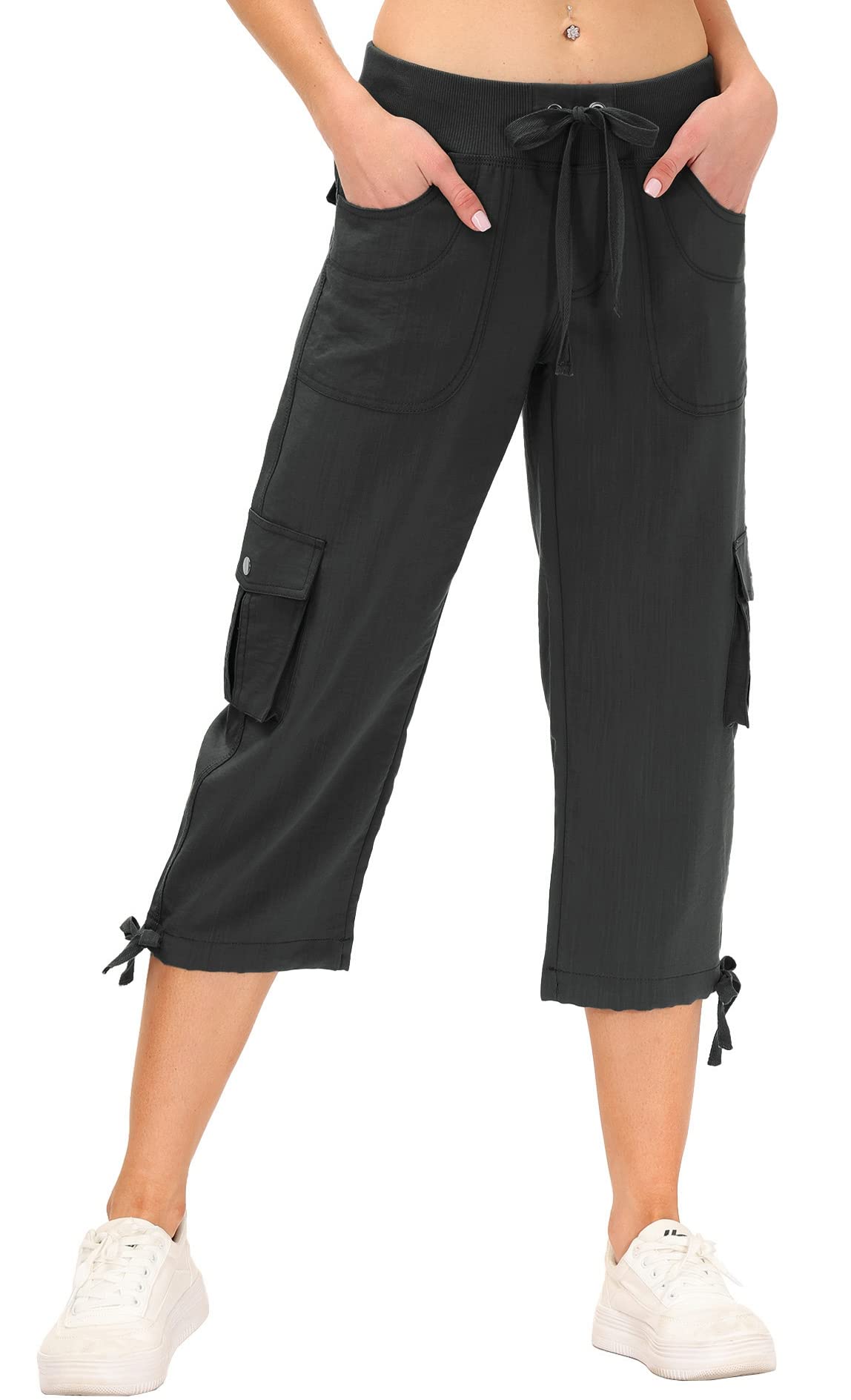 MoFiz Womens Capris Summer Cargo Shorts Lightweight Quick Dry Athletic Casual Travel Loose Ladies Outdoor Hiking Pants Pockets Dark Grey XS