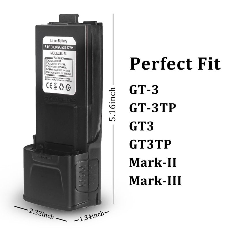 BAOFENG GT-3TP Battery 7.4V 3800mAh Extended Li-ion Battery for Radio GT-3 Walkie Talkie Replacement