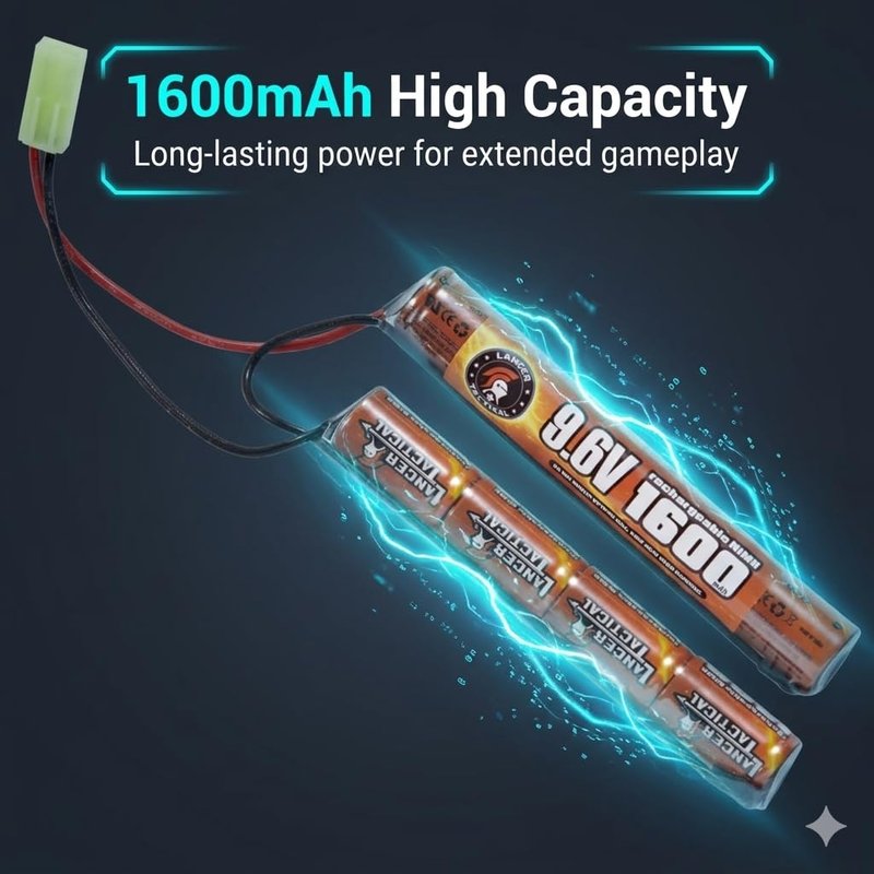 Lancer Tactical Airsoft RC Battery Charger and 9.6V NiMH 1600mAh Rechargeable Butterfly Battery Pack for Airsoft AEGs