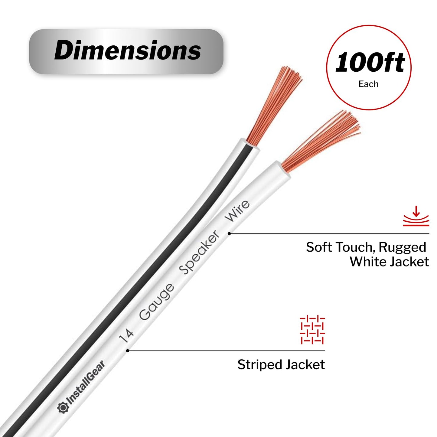 InstallGear Speaker Cable - 14 Gauge AWG (100ft - White) - White Speakers Wire Cable - Speaker Wire for Outdoor, Automotive, and Marine