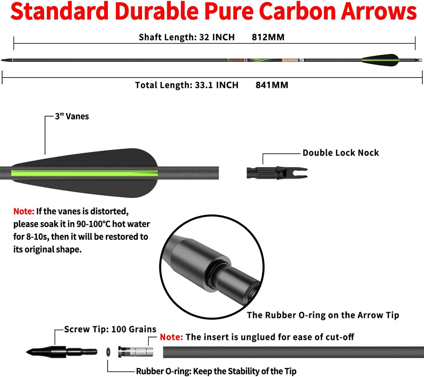 Sanlida 100% Pure Carbon Hunting Arrows - Olympic-Grade 10 Spine Deflection | 0.001" Straightness, Perfect for Compound & Recurve Bows (12/24PCS)